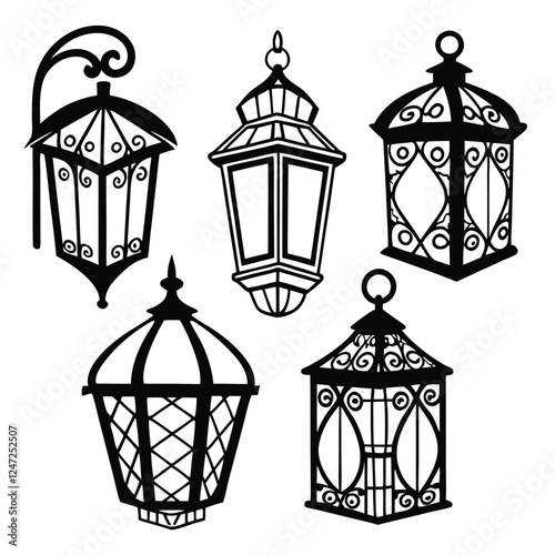 Elegant Black and White Ornate Lanterns. vector illustration of lantern to ramadan. Islamic background.