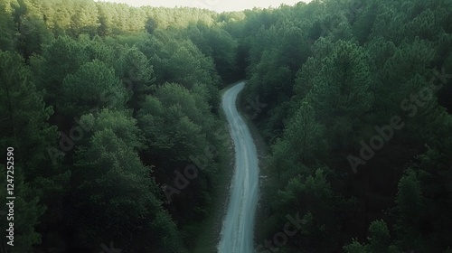 Aerial view of a winding road through a dense forest, top-down perspective
