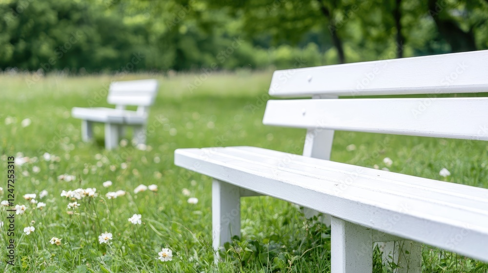 White park benches in grassy field, calm background White park benches in grassy field, calm background