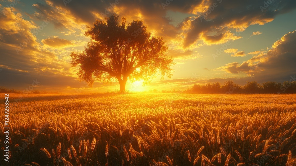 Golden sunset over a wheat field with a solitary tree. Peaceful rural scene. Possible use Stock photo for nature, relaxation, tranquility, hope, inspiration
