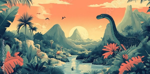 Prehistoric Landscape Featuring a Long Necked Dinosaur