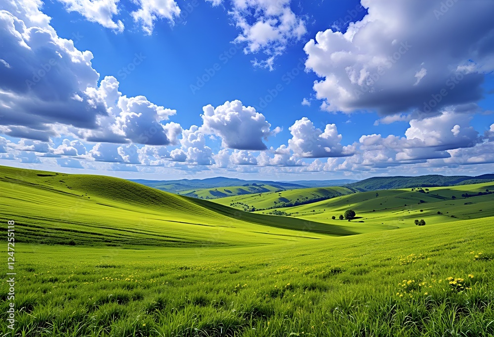 Fototapeta premium Lush green plains with gentle hills under a vibrant blue sky