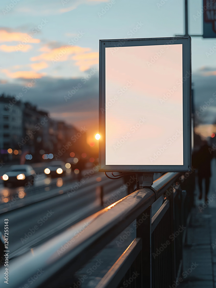 Poster on a Bridge Railing A blank white poster with a black metal frame is mounted on the railing of a pedestrian bridge Poster on a Bridge Railing A blank white poster with a black metal frame is mounted on the railing of a pedestrian bridge