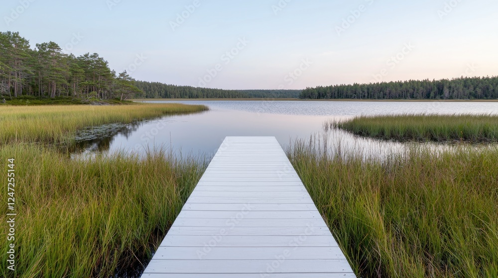 Fototapeta premium Serene lake view with a white dock, tranquil nature