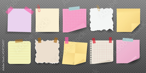 Set of Realistic Sticky Notes and Torn Paper Sheets with Tape and Paper Clips. Colorful Memo Pads and Notebook Paper. Vector Illustration.