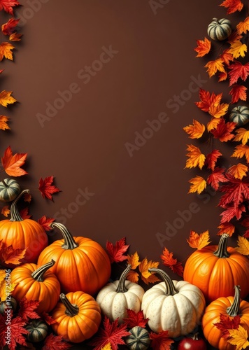 A vibrant fall harvest border with orange pumpkins colorful gourds and autumn leaves framing the edges in rich seasonal tones easter border border easter spring decoration background card frame holida photo