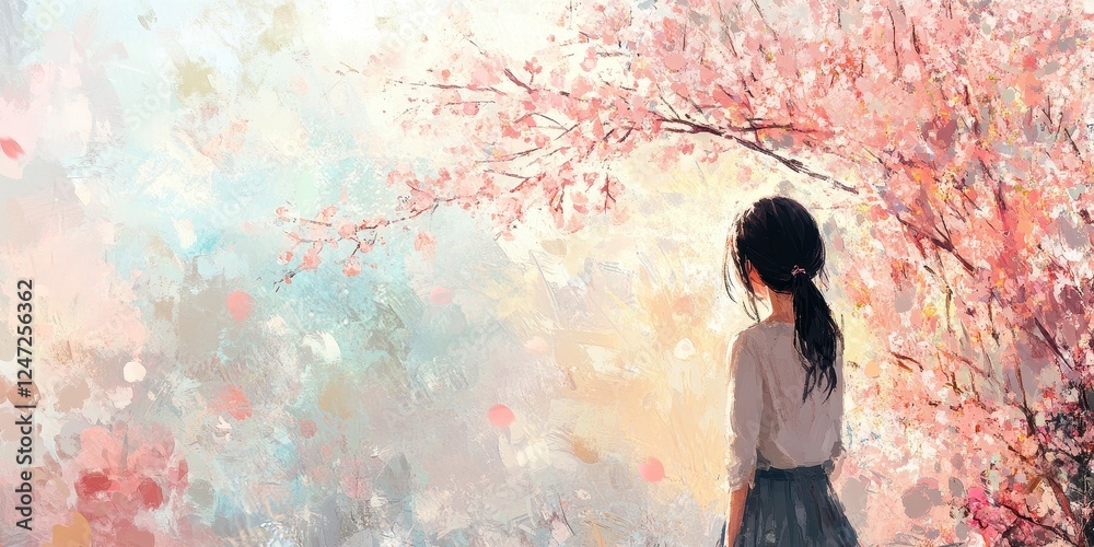 Obraz premium Girl Gazing at Blossoming Cherry Trees in Springtime