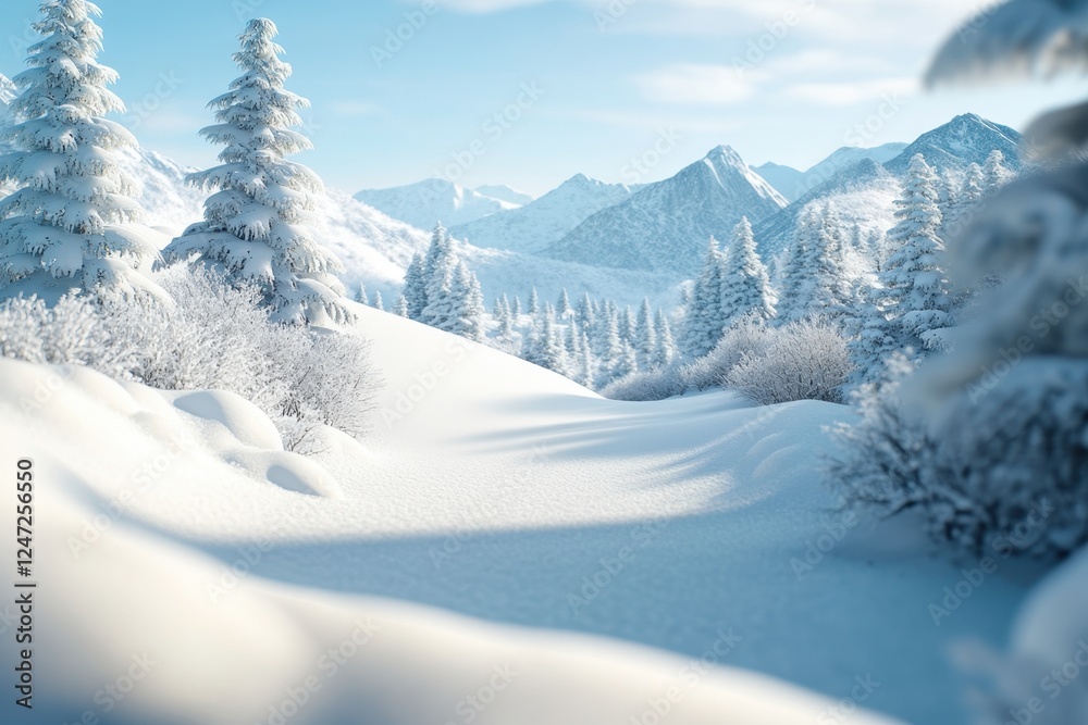 Obraz premium Snow-covered landscape with tall trees in a peaceful winter setting during daylight