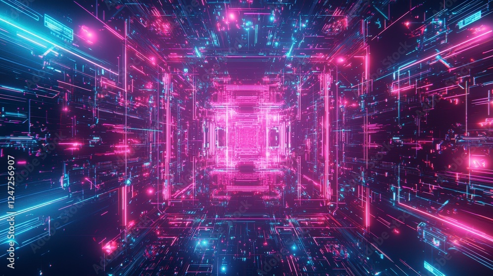 Fototapeta premium Vibrant digital tunnel with glowing blue and pink lights, creating a futuristic and immersive atmosphere.