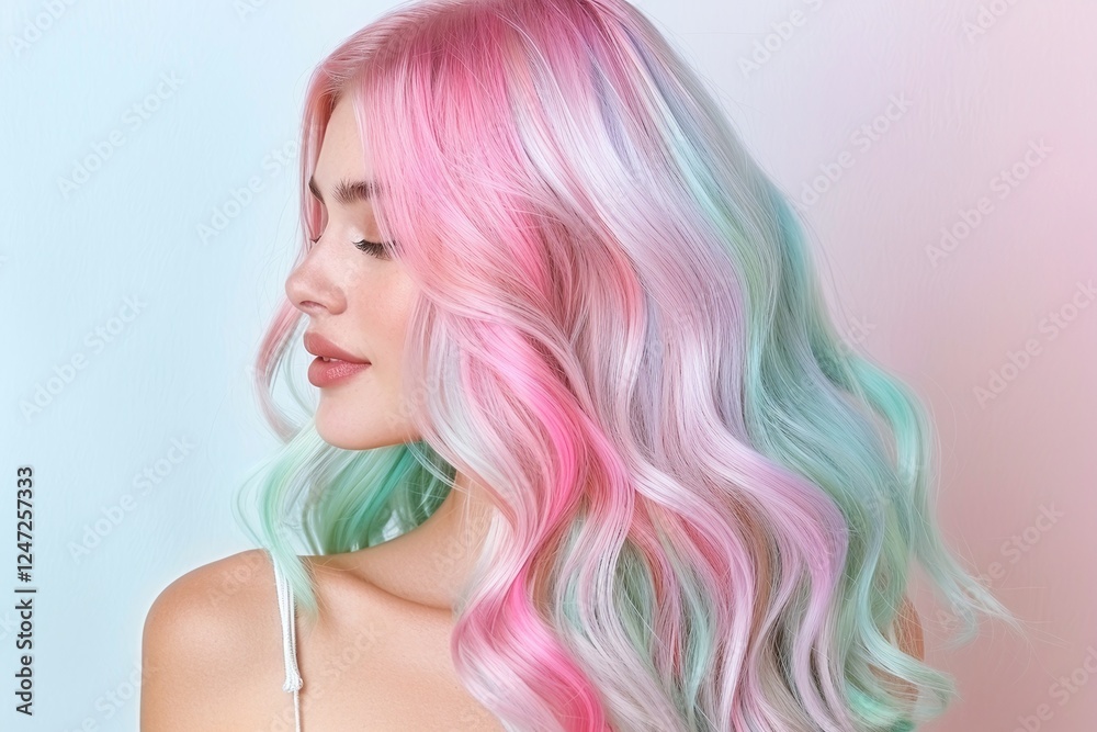Pink and turquoise ombre hair, long pastel waves hairstyle, portrait view on light pastel background, vibrant and colorful hair dye, feminine fashion look
Pink and turquoise ombre hair, long pastel waves hairstyle, portrait view on light pastel background, vibrant and colorful hair dye, feminine fashion look