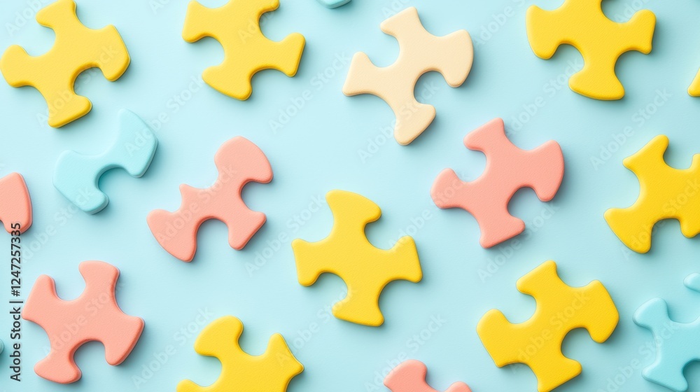 Colorful Pastel Puzzle Pieces Interconnected on Soft Blue Background for Creative Projects Colorful Pastel Puzzle Pieces Interconnected on Soft Blue Background for Creative Projects