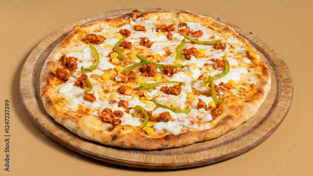Delicious pizza isolated on wooden board Delicious pizza isolated on wooden board
