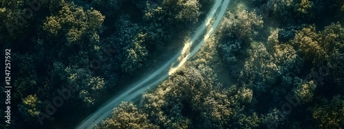 Aerial view of a winding road through a dense forest, top-down perspective
