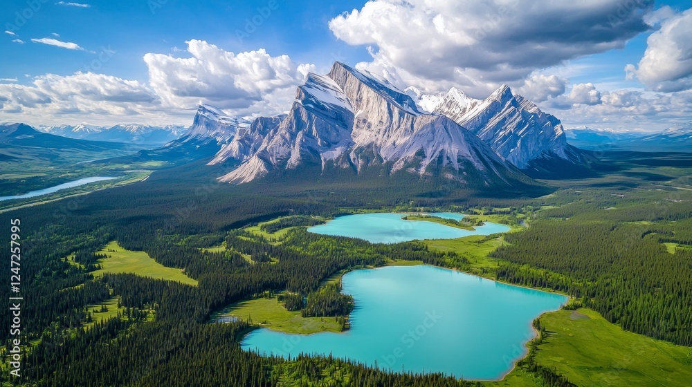 Fototapeta premium Stunning aerial view of majestic mountains and serene lakes during daytime in a natural wilderness area