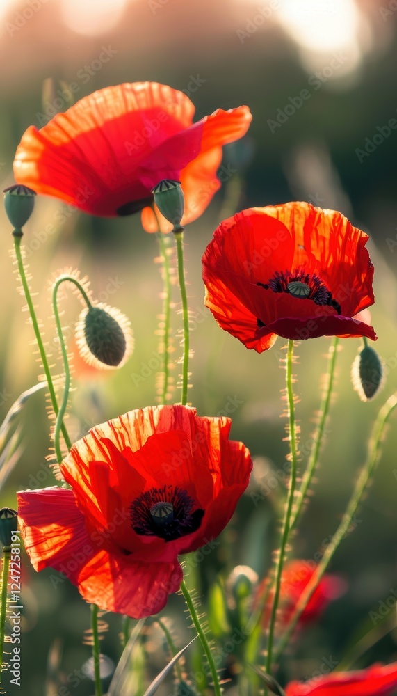 Fototapeta premium Vibrant Red Poppies Blooming in a Sunny Meadow for Nature Wallpaper or Poster Design