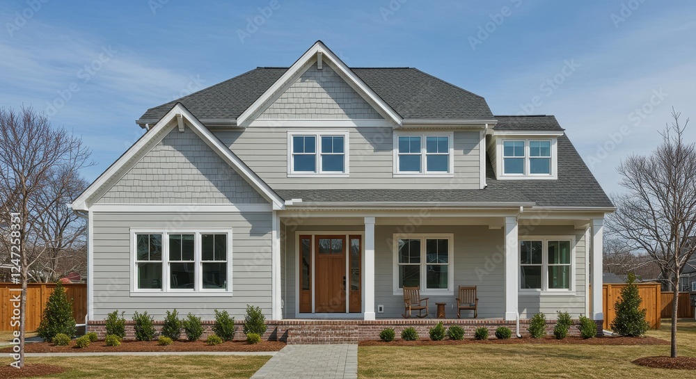 A charming modern farmhouse style house with a pitched roof and gray siding A charming modern farmhouse style house with a pitched roof and gray siding