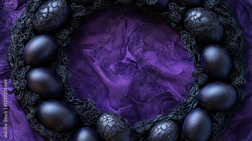 Obraz premium A gothic Easter frame made of black lace-trimmed eggs, set on a dark, mysterious purple velvet background