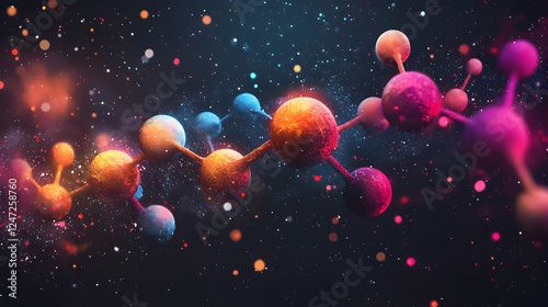 Colorful Abstract Molecule Illustration: A Vibrant Digital Design Showcasing Chemistry Concepts, Atoms, Energy Connections, and Modern Scientific Research in a Dynamic Space Exploration Context