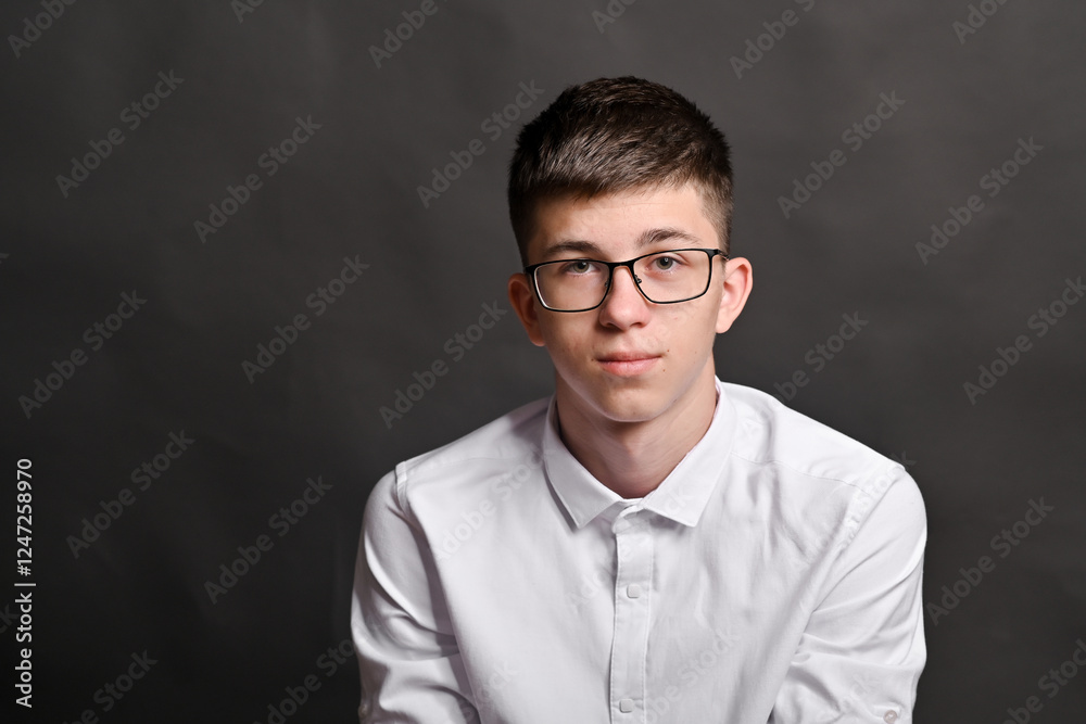 boy with glasses on a gray background. mock up boy with glasses on a gray background. mock up