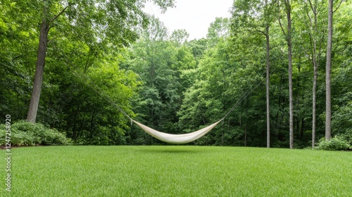 Hammock in lush green garden, tranquil forest backdrop, relaxation