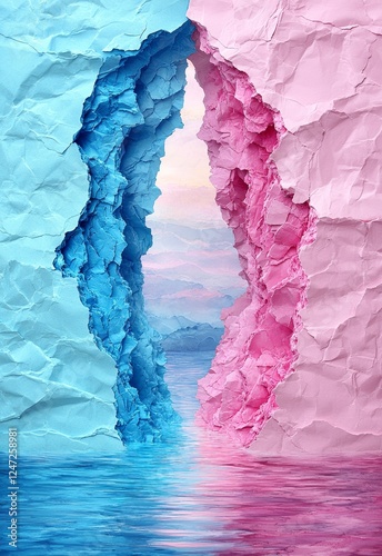 Vibrant Pink and Blue Crumpled Paper Layers with Water Reflection and Soft Background
