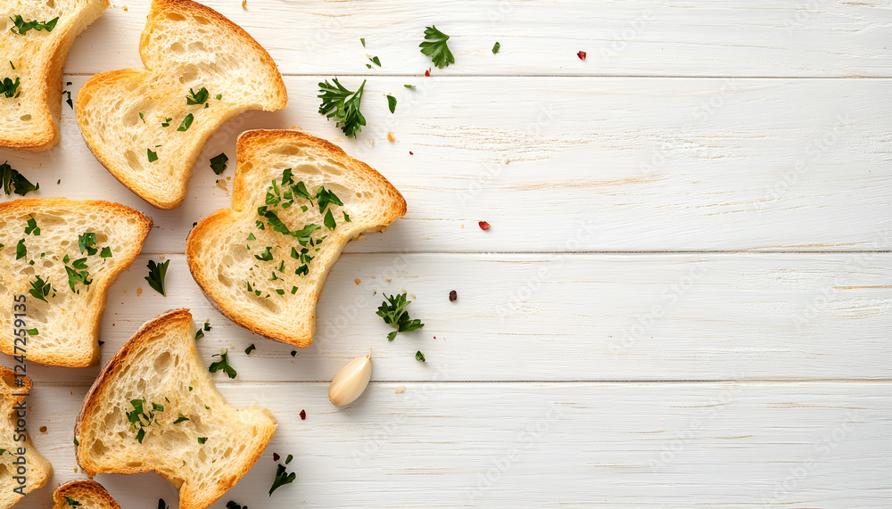 Slices of toasted bread with garlic and herbs served on white wooden table, flat lay. Space for text Slices of toasted bread with garlic and herbs served on white wooden table, flat lay. Space for text