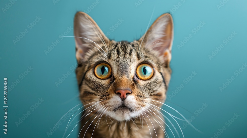Wide-eyed tabby cat portrait, isolated on vibrant blue background, focused and curious expression, minimalist studio photography, sharp details of fur and whiskers, adorable and photogenic feline
Wide-eyed tabby cat portrait, isolated on vibrant blue background, focused and curious expression, minimalist studio photography, sharp details of fur and whiskers, adorable and photogenic feline