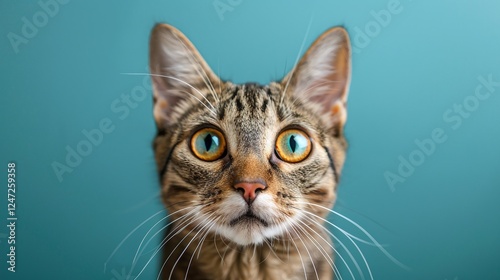 Wide-eyed tabby cat portrait, isolated on vibrant blue background, focused and curious expression, minimalist studio photography, sharp details of fur and whiskers, adorable and photogenic feline

