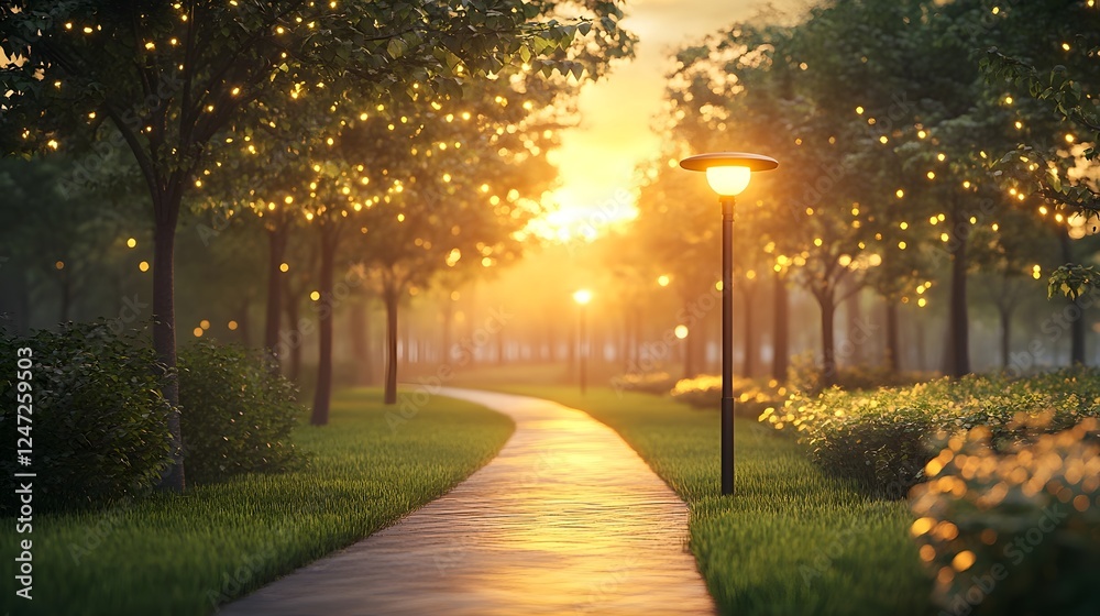 Obraz premium Solar Powered Eco Friendly Streetlight Illuminating Tranquil Park Path at Sunset