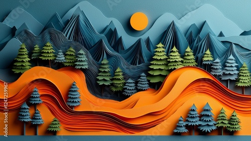 Vibrant Paper Cut Design of a Scenic Landscape with Mountains and Colorful Elements