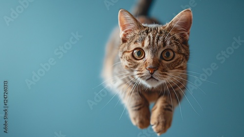 Playful tabby cat mid-jump, isolated on vibrant turquoise background, sharp focus on movement, minimalist studio photography, energetic and curious expression, adorable feline portrait

 photo