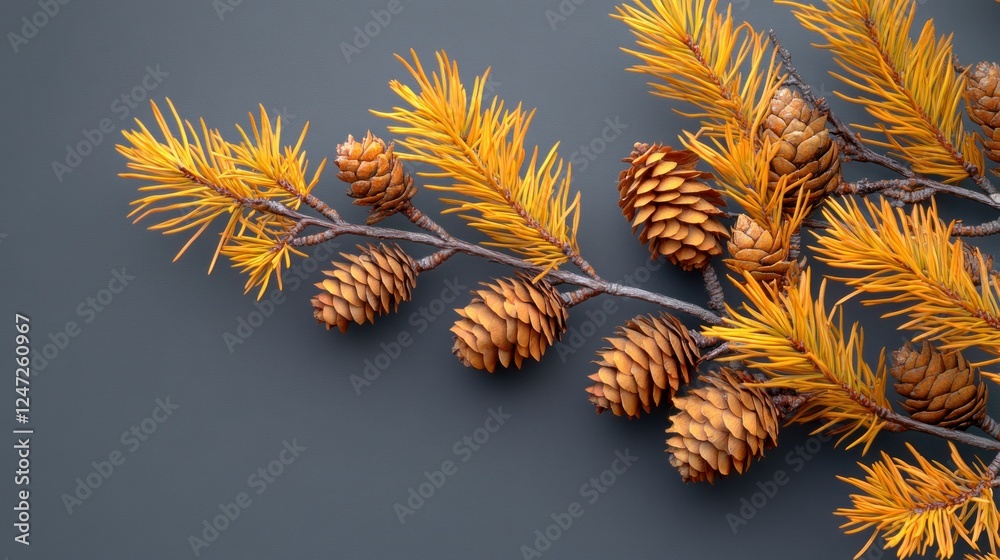 Naklejka premium Golden pine branch cones autumn gray background design