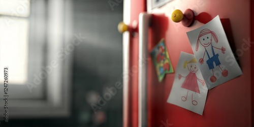 Children’s drawings attached to a red refrigerator door with colorful magnets, cozy family home atmosphere with soft natural light