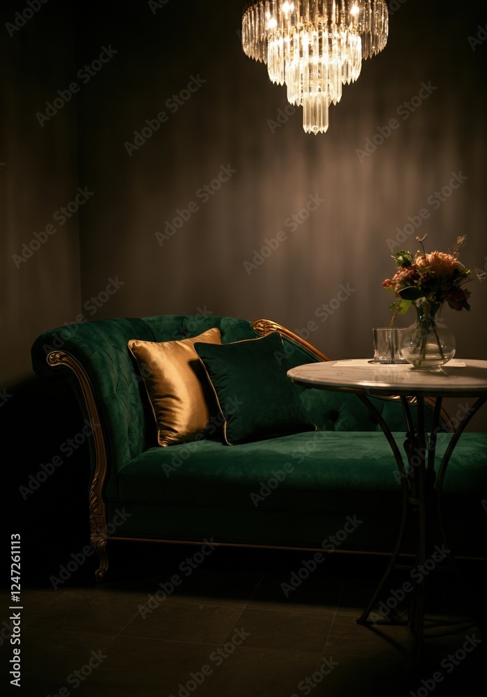 Obraz premium Elegant green velvet sofa with a chandelier and floral arrangement