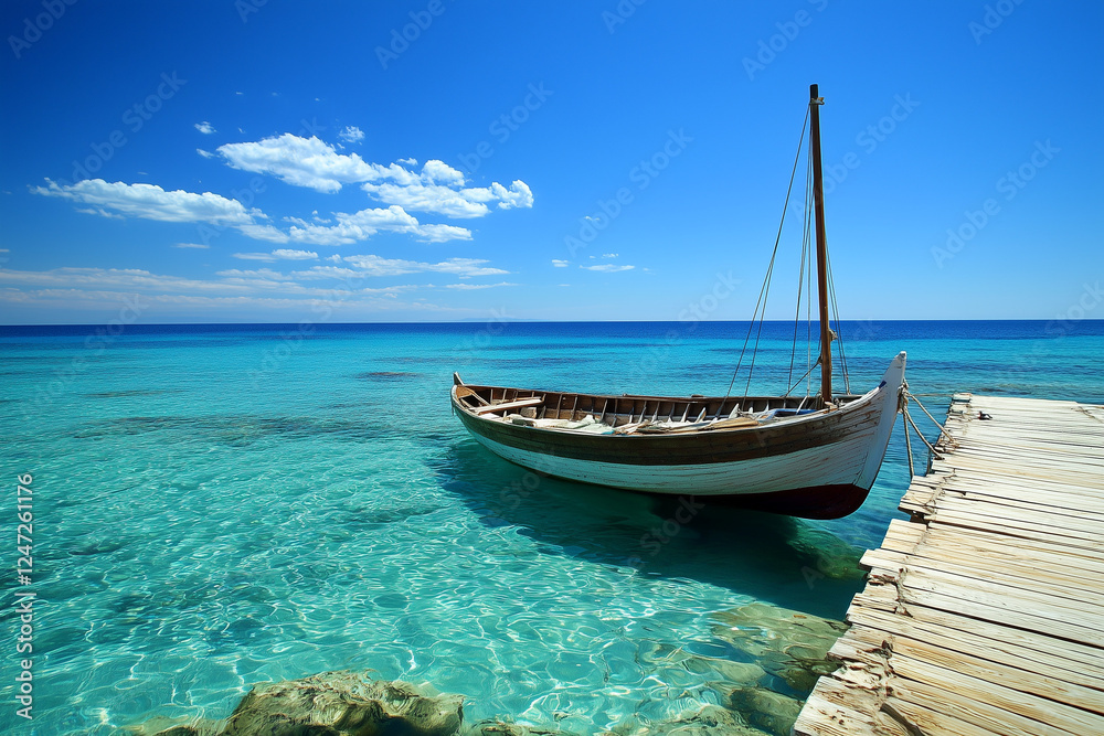 Serene Sailboat Moored at a Wooden Pier on a Sunny Day Serene Sailboat Moored at a Wooden Pier on a Sunny Day