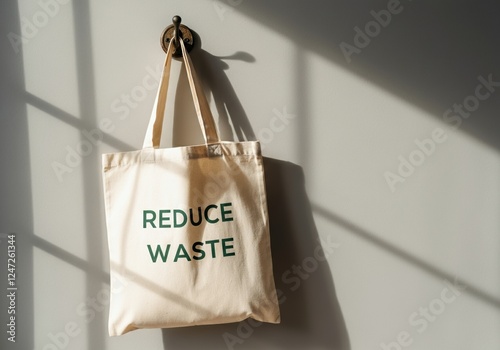 Eco-friendly tote bag with the message Reduce Waste hanging on a wall photo