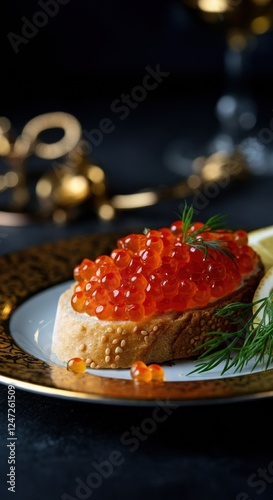 Gourmet toast topped with vibrant red caviar and fresh dill