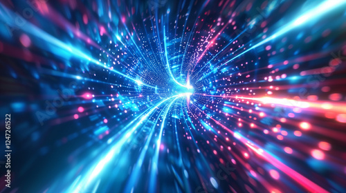 abstract background blue red glowing light rays futuristic space tunnel motion blur