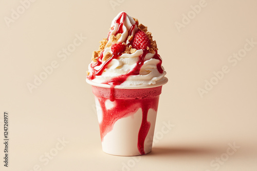 Vanilla soft-serve blended with fresh strawberries and crushed graham crackers, swirled with strawberry sauce and topped with a touch of whipped cream photo