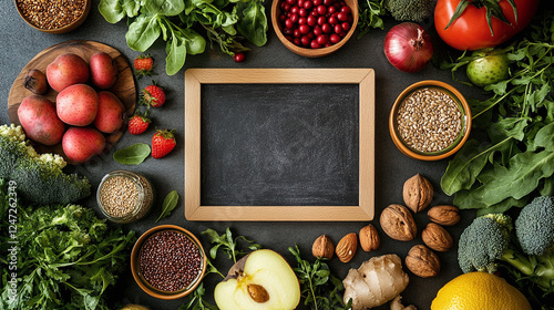 Top view of chalkboard with text vegan on the table surrounded by plant based nutrition groceries and foods including fruits, vegetables, greens, nuts and seeds. fresh healthy raw meal ingredients. photo