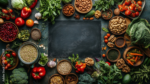Top view of chalkboard with text vegan on the table surrounded by plant based nutrition groceries and foods including fruits, vegetables, greens, nuts and seeds. fresh healthy raw meal ingredients.
