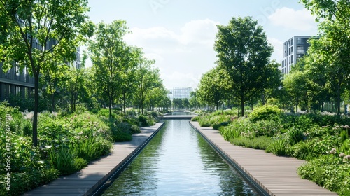 A serene urban landscape featuring a waterway surrounded by greenery and modern buildings under clear blue skies.