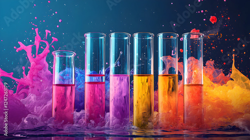 Vibrant Colors in Science: Explore Artistic Test Tubes and Glassware with Colorful Chemical Reactions, Mixing, and Liquid Dynamics for a Creative Laboratory Experience