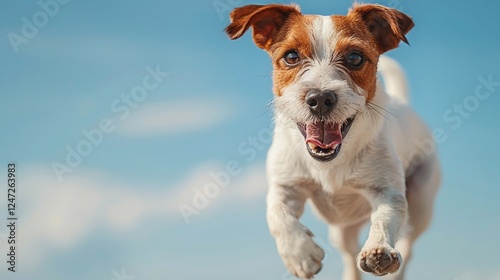 Energetic small white and brown dog jumping, bright blue sky background, playful and happy pet, action shot with vibrant colors, joyful canine, outdoor photography with motion

 photo