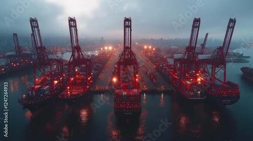 Harbor cranes load ships, misty city backdrop photo