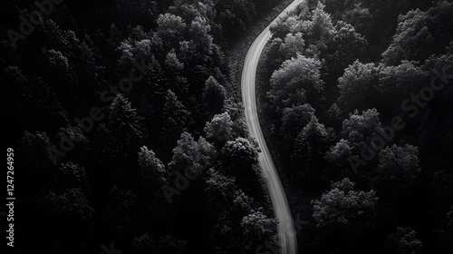 Aerial view of a winding road through a dense forest, top-down perspective
