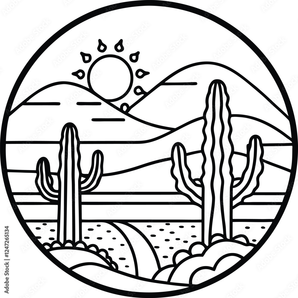 Obraz premium Black and white desert landscape with cacti and mountains