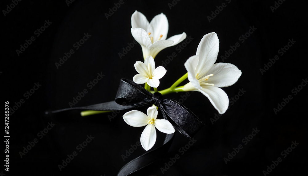 Obraz premium White flowers with black ribbon on dark background