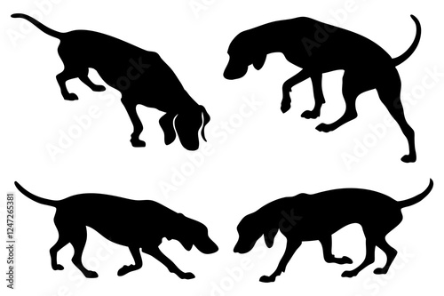 Dog Scent Tracking SVG Clipart Set – Bloodhound, GSP, and Dachshund Sniffing Silhouettes – Vector Art for Logos, Prints & Digital Designs on white background.
