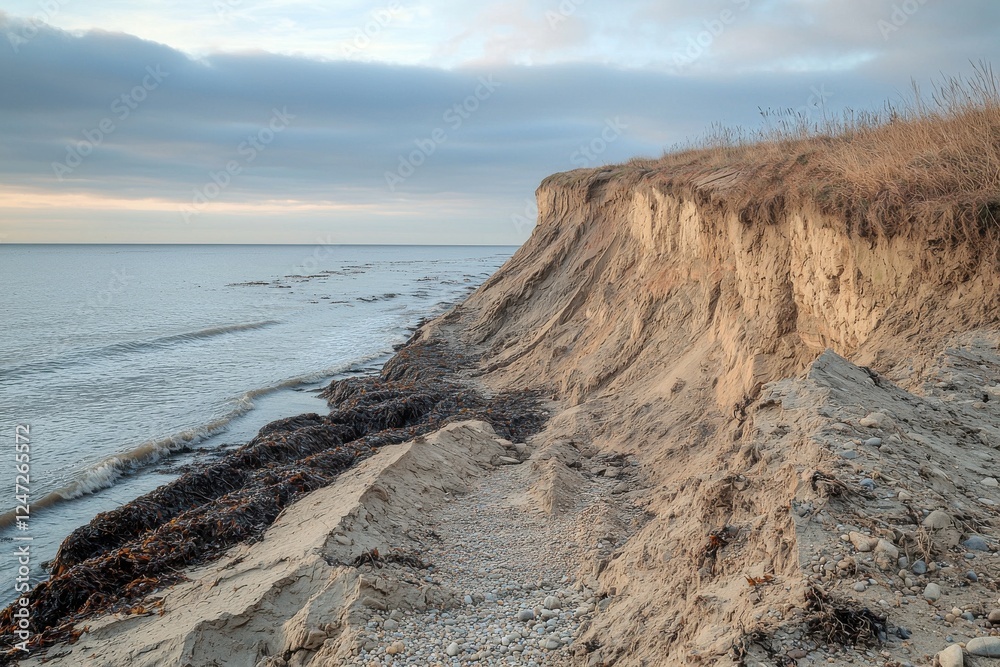 Coastal cliff eroding into the sea with sediment trail during golden hour